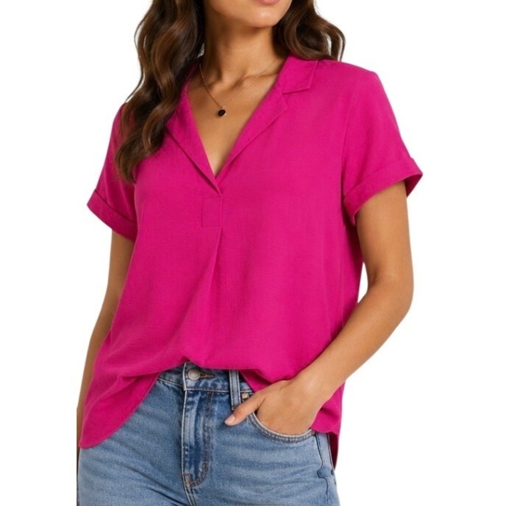 Hilary Radley Women Pink V-Neck Short Sleeve Blouse Medium Notch Collar 1753857